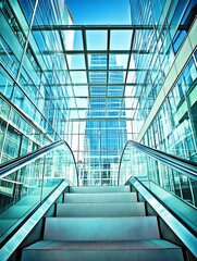 Fototapeta premium Escalator View of Modern Architecture with Glass Facade and Sky Above