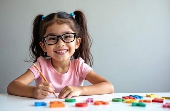 Happy young girl with glasses draws using pencil. Cute little child with autism spectrum disorder ASD smiles. Kid plays, learns in kindergarten, preschool. Education, therapy, support, awareness, - Powered by Adobe