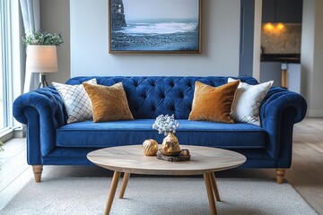 Navy blue sofa with white and gold pillows, light wood oval coffee table on carpeted floor, and wall art mockup in modern living room interior