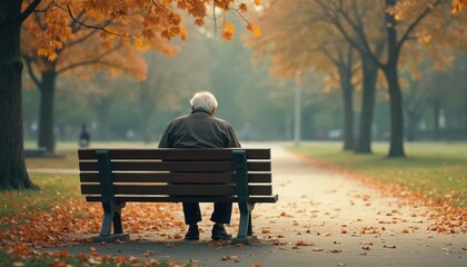 Elderly person sits alone on park bench. Senior citizen facing social isolation, loneliness issues. Autumn park landscape with fallen leaves, trees background conveys mood of abandonment, solitude.