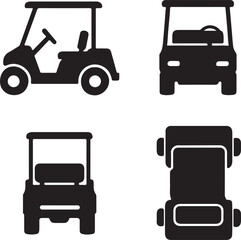 golf car silhouette icons set side, front, back, and top views vector art illustration