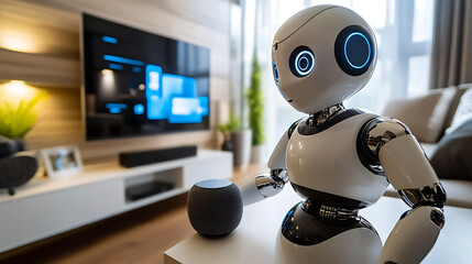 Robot interacting with smart speaker in modern living room