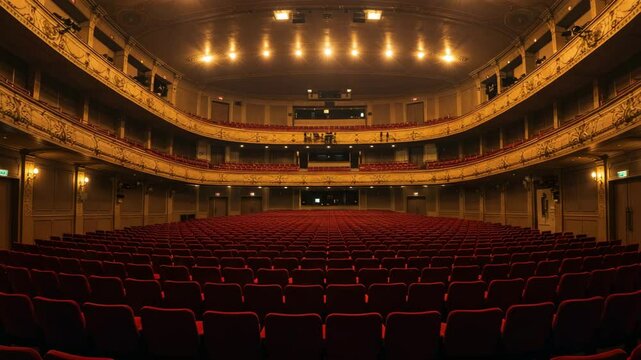 Historic theater interior with empty seats and stage lights  