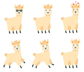 Adorable Cartoon Llamas with Various Playful Poses and Accessories for Fun and Whimsical Stock Illustration
