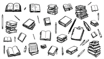 Hand-drawn doodle pack of Back to school banner with books, pencils, ruler and backpack items in outline vector style