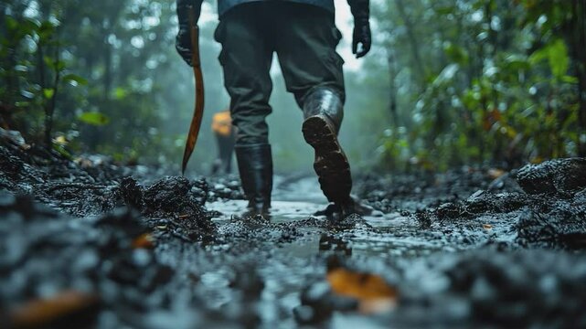 Muddy Path in Rainforest: A lone explorer navigates a challenging muddy path through a lush rainforest, showcasing the resilience and determination needed for expeditions in challenging terrain.