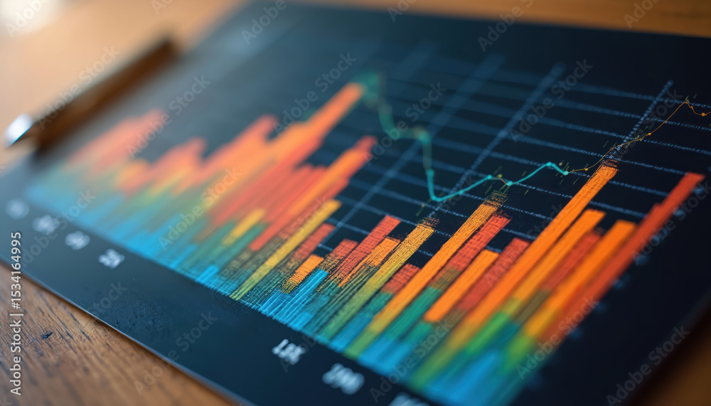 Poster Colorful bar chart displaying fluctuating data trends on a wooden table. Statistical data visualization, analysis, comparison, growth, presentation, marketing, business, finance. Ideal for reports.