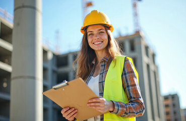 Attractive young female engineer smiling at construction site. Woman wearing yellow hard hat holding clipboard. Construction worker with safety vest supervises project. Building industry.