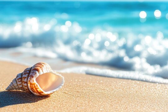 Beautiful seashell on the beach with blue water and golden sand, a summer background. Shallow depth of field. Shiny and sparkling sea waves, serene summer scene