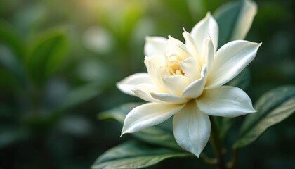 Fototapeta premium Close-up shot white gardenia flower with rich petals. Bright blooms in bloom, focused on the center, with many leaves in the background. Natural floral background for beauty, freshness, weddings.