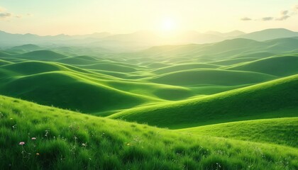 Fototapeta premium Rolling hills with green grass under sunlight. Serene landscape featuring meadow, horizon, panoramic rural scenery. Nature, beauty of environment, calmness. Perfect for wallpapers, backgrounds,