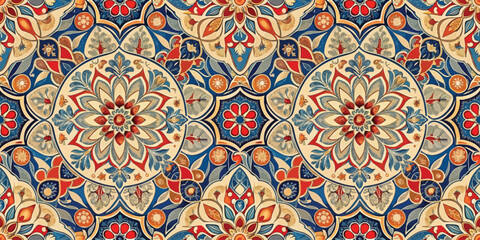 Intricate floral pattern design in warm colors with blue accents.