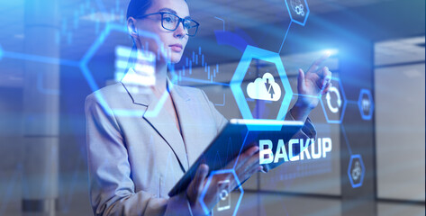 Backup data protection technology concept. Young business woman pressing button on virtual screen.