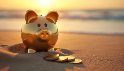 Golden piggy bank with coins on sandy beach. Scene at sunset. Money saving, financial planning, investment concept. Vacation travel, dream, retirement. Coastline horizon sea ocean view.