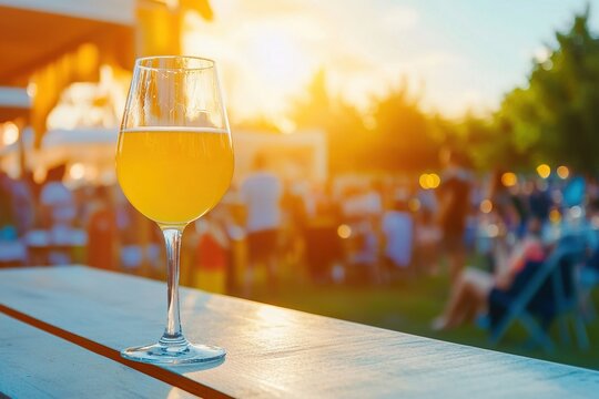 A glass of light yellow beer on the table in front, blurred audience in the background, sunset glow, outdoor bar and restaurant setting, lively atmosphere of summertime socializing outdoors.