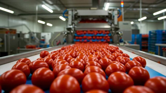 Red tomatoes on conveyor belt in food processing facility  