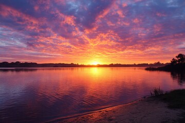 Fiery Sunset over Serene Lake: A breathtaking landscape photography showcasing vibrant colors of the twilight sky reflecting on calm water. Perfect for nature lovers and desktop ba