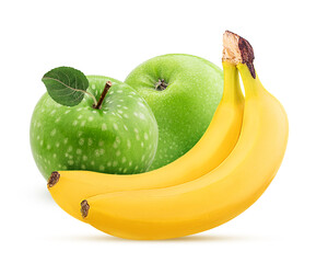 Two green apple with leaf and banana