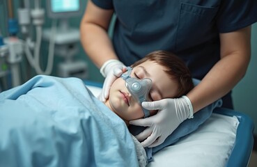 Young boy lies with oxygen mask during medical procedure. Doctor adjusts breathing mask. Child in hospital, under treatment. Surgical intervention, healthcare, anesthesia. Pediatric patient in clinic.