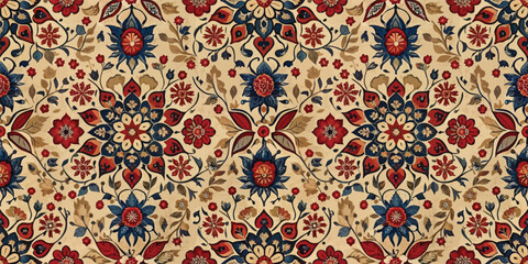 Beautiful floral pattern in red, blue, and gold on a cream background.