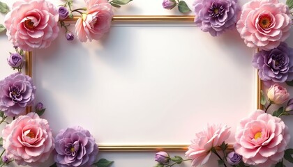 Elegant floral frame, pink, purple flowers, blank white background. Wedding invitation, greeting card, celebration design. Pastel, delicate, cheerful mood. Perfect for art, display, portrait,