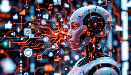 Fototapeta premium ai data stream and robotic automation symbols floating above