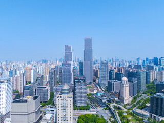 Fototapeta premium Aerial view of Shanghai skyscraper in downtown with blue sky background.
