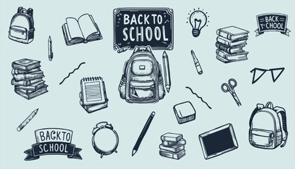 Hand-drawn doodle pack of Back to school banner with books, pencils, ruler and backpack items in outline vector style