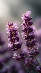 Obraz premium A detailed close-up showcases delicate purple lavender flowers with soft lighting and a blurred background, highlighting their intricate floral structure