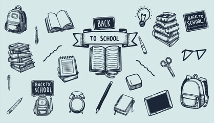 Hand-drawn doodle pack of Back to school banner with books, pencils, ruler and backpack items in outline vector style