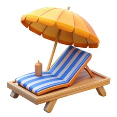3D beach chair and umbrella illustration on transparent background