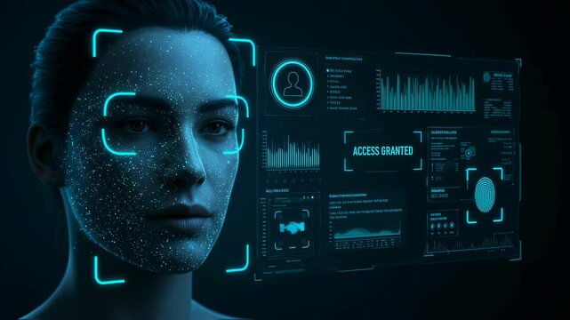 Woman with digital scan on face. Biometric identification system for cybersecurity and modern data protection. Ai technology footage.
