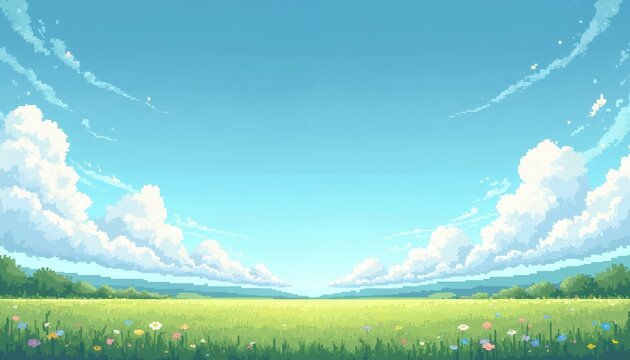 Pixel art seamless background scene with sky and ground. Retro arcade style illustration of meadow, flowers, trees, clouds. Summer, nature, game level design. Pixelated computer video.