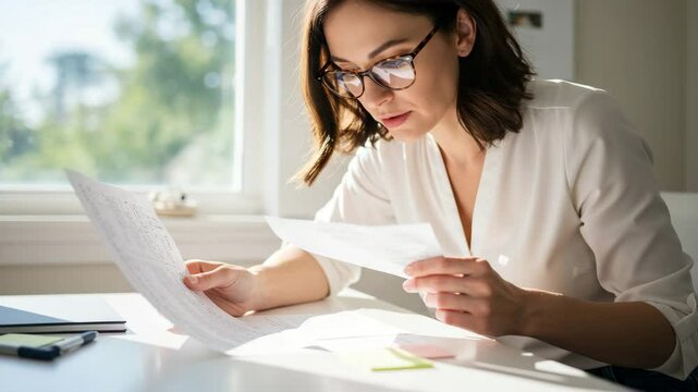 Young woman reviewing documents at desk in bright office space  
