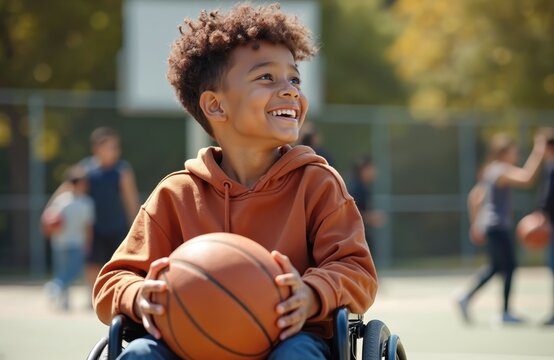 Smiling boy with disability holds basketball. Portrait of happy child in wheelchair at the sports court. Young athlete plays basketball. Inclusion, diversity, active life for kids with health issues.