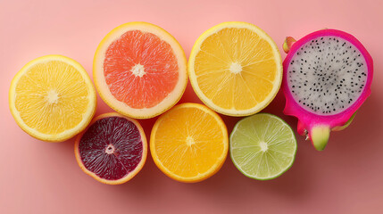 Vibrant Citrus and Dragon Fruit Arrangement on Pink Background