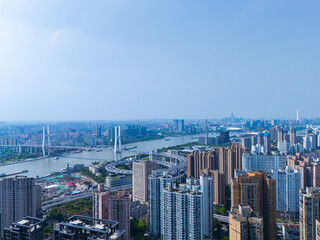 Obraz premium Aerial view of NanPu Bridge and Huangpu river on sunny day, Shanghai.