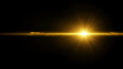 Bright golden light lens flare effect on a black background, with radial starburst rays. Warm glowing optic element for overlay video footage. - Powered by Adobe