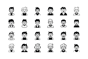 Collection of Diverse Cartoon Boy Avatars A Vector Illustration Showcasing Various Hairstyles Expressions and Styles in Black and
