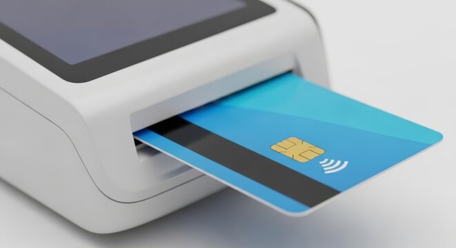 Modern contactless payment terminal with blue credit card for secure transactions online