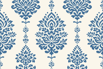 Ikat floral seamless pattern with traditional ethnic decorative border in blue on cream background, perfect for fabric, clothing, decoration, wallpaper, Aztec abstract textile texture illustration.