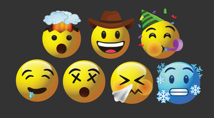 Obraz premium icon 3d vector round yellow cartoon bubble emoticons social media chat comment reactions icon template face Sneezing cold dizzy Exploding Partying emoji character message