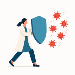 vector of a doctor carrying a shield protecting against viruses