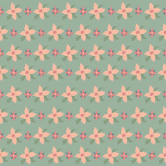 Minimal Pastel Floral Seamless Pattern with Flat Flowers on Green Background, Vector Design

