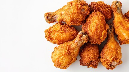 Crispy golden fried chicken drumsticks arranged on a white surface, showcasing a crunchy textured coating.