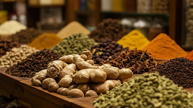 Colorful spices arranged on display in a market setting  