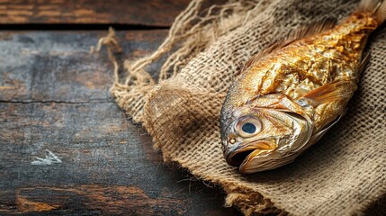 A dried, golden fish lies on a coarse burlap sack atop a dark wooden surface, showcasing rustic textures and natural food preservation.