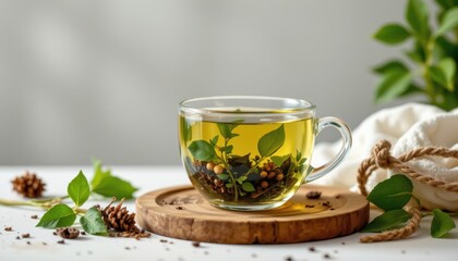 pack of natural tea floating with herbs