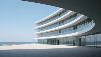 Fototapeta premium Modern Curved Building with Glass Facade Near the Sea