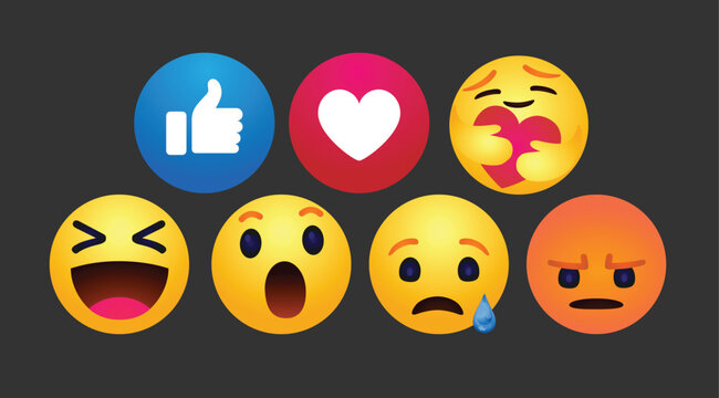 Naklejki high quality vector round yellow cartoon bubble emoticons comment social media chat comment reactions, icon template face tear, smile sad, hug love like, Lol, laughter emoji character message